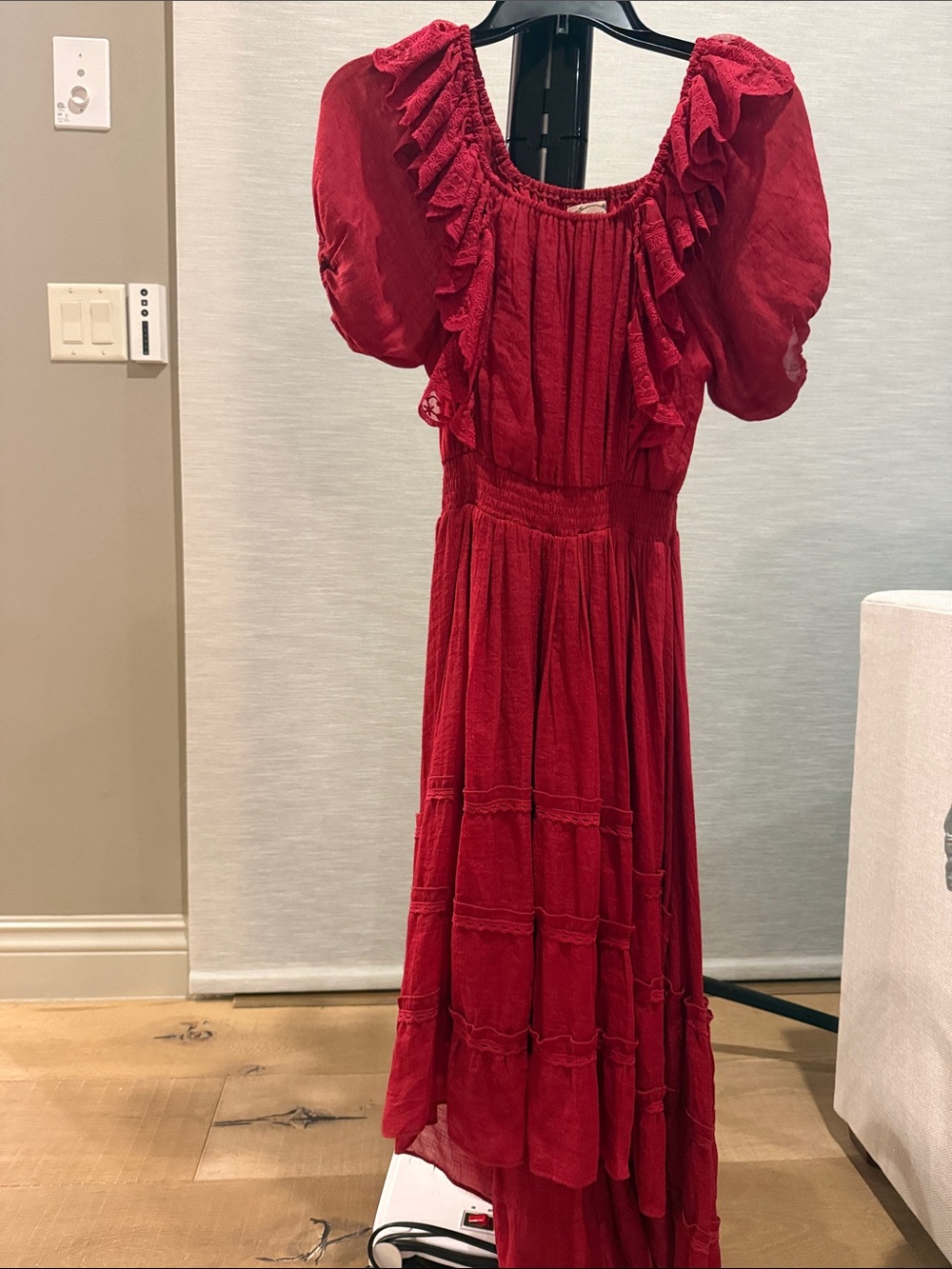Joyfolie Red Ruffled Puff-Sleeve Maxi Dress